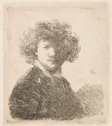 Rembrandt ohne Kopfbedeckung, mit dicken lockigen Haaren und kleinem weißen Kragen: Büste