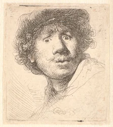 Rembrandt mit Mütze, mit offenem Mund und starrend: Büste in Umrissen