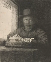 Selbstporträt beim Zeichnen am Fenster