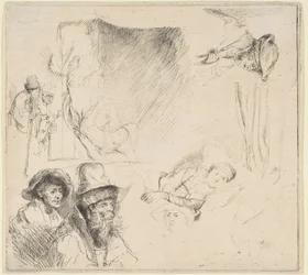 Blatt mit Studien einer im Bett liegenden kranken Frau, etc., ca. 1641-42