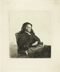 Die Mutter des Künstlers sitzt an einem Tisch, schaut nach rechts: Dreiviertellänge