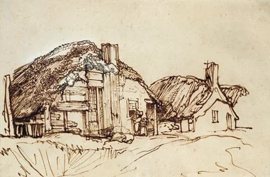 Zwei strohgedeckte Hütten mit Figuren am Fenster