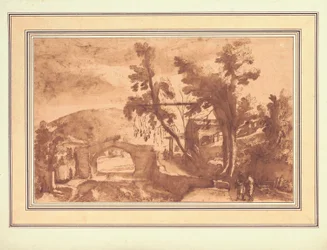 Eine bergige Landschaft mit einer Brücke über einen Fluss, Figuren auf einer Straße bei einem Bauernhof rechts