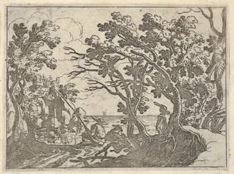 Landschaft mit Fischer an Land und männlichem Beobachter unter Bäumen, ein Mann in einem Boot