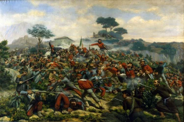 Risorgimento: Die Schlacht von Calatafimi auf Sizilien zwischen den Truppen Giuseppe Garibaldis (1807-1882), den Tausend und der Armee des Königreichs beider Sizilien