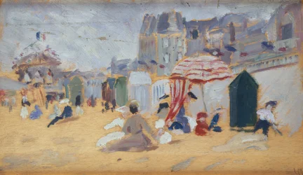 Sonnenschirme und Badehütten am Strand
