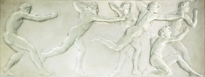 Ein geformtes Glasfigurenpanel, das sechs nackte männliche Athleten darstellt