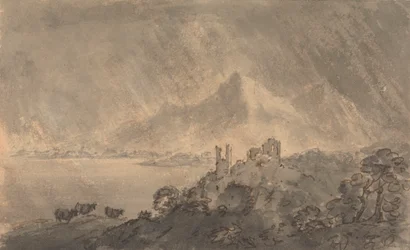 Schloss über einem See mit fernen Bergen unter stürmischem Himmel