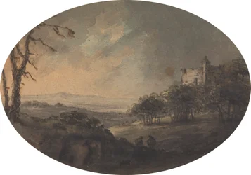 Landschaft mit zwei Männern auf einem Hügel und einer Burg in der Ferne
