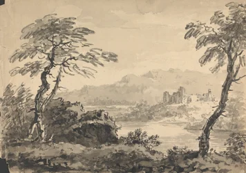 Landschaft mit zwei Bäumen und Schloss