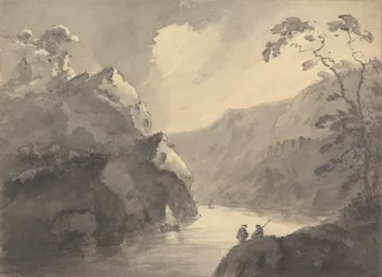 Gebirgige Landschaft mit gewundenem Fluss und Schloss