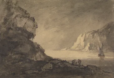 Schifffahrtsszene mit drei Figuren am Ufer