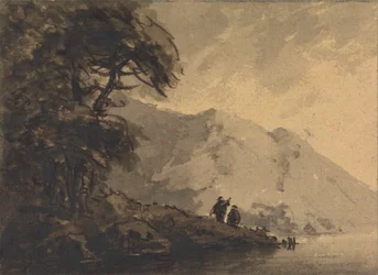 Zwei Figuren am Ufer mit Berg im Hintergrund