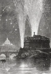 Beleuchtung von St. Peter und Feuerwerk auf der Engelsburg, Rom, Italien im späten 19. Jahrhundert. Aus Italienische Bilder von Rev. Samuel Manning, veröffentlicht um 1890.