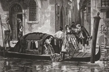 Passagiere steigen aus einer Gondel am Canal Grande, Venedig, Italien im späten 19. Jahrhundert. Aus Italienische Bilder von Rev. Samuel Manning, veröffentlicht ca. 1890.