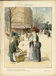 Illustration von Ricardo Flores (1878-1918) in Le Rire, 25/04/08 - Dreifacher Auszug - Architektur Urbanismus, Mode, Hut, Transport, Blumen, Geschäfte