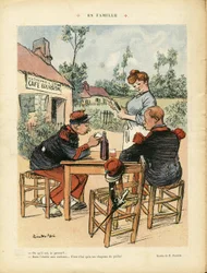 Illustration von Ricardo Flores (1878-1918) in Le Lire, 08/08/08 - Familie - Armee, Restaurant Cafés, Wein, Alkohol Alkoholiker - Kaffeeboy, Kellnerinnen Kellnerinnen, Soldaten