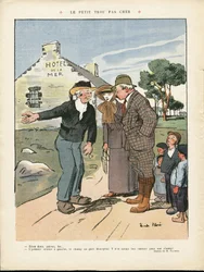 Illustration von Ricardo Flores (1878-1918) in Le Rire, 20/07/12 - Das billige kleine Loch - Landschaft, Mode, Maritime Marine Küste, Herrenmode, Tourismus Touristen, Hotel