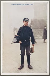 Londoner Typen: Der Ordentliche Junge, ca. 1914 Eine Reproduktion eines Farbfotos eines ordentlichen Jungen, eines Straßenreinigers mit seiner Pfanne und Bürste auf den Straßen von London, aufgenommen von einem unbekannten Fotografen und veröffentlicht in 