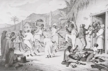 Schwarzer Tanz, aus „West India Scenery with Illustrations of Negro Character“, gedruckt von R. Jennings