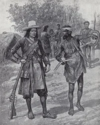 William Dampier mit einem indigenen Mann während seiner Erkundung Australiens, Ende des 17. Jahrhunderts