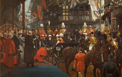 Königin Victoria schlägt Herbert Ashman, Esq., den ersten Lord Mayor von Bristol, im Rathaus am 12. November zum Ritter