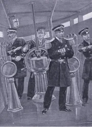 Admiral Togo im Kommandoturm seines Flaggschiffs, der eine Seeschlacht leitet, Illustration aus Cassells Geschichte des Russisch-Japanischen Krieges Band 1, ca. 1900
