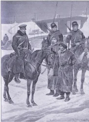 Verhaftung japanischer Spione, die als Kulis entdeckt wurden, Illustration aus Cassells Geschichte des Russisch-Japanischen Krieges Band 1, ca. 1900