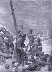 Angriff auf die Eisenbahn durch Chunchuses, Illustration aus Cassells Geschichte des Russisch-Japanischen Krieges Band 1, ca. 1900