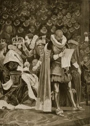 Die Huldigung, die Freigebigkeit und die Generalamnestie bei der Krönung Jakobs I. und Annas von Dänemark am 25. Juli 1603, aus „The Illustrated London News“, 1902