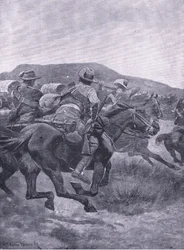 Yeomanry greifen De Wets Nachhut und Transport an, aus After Pretoria: Der Guerillakrieg veröffentlicht von Harmsworth Bros Limited, 1901