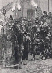 Edward III. begrüßt den Prinzen von Wales nach der Schlacht von Crecy, Illustration aus 