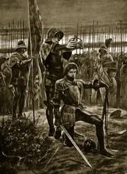 Heinrich VII. wird bei Bosworth gekrönt, Illustration aus „Hutchinson