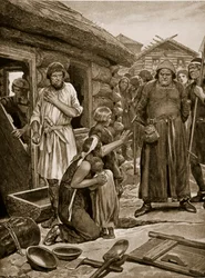 Überlastete Untertanen aus ihren Häusern vertrieben, Illustration aus 