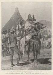 Die Feindseligkeiten in Nigeria, ein britischer Expeditionsoffizier interviewt einen Häuptling