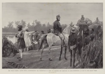 Die indische Hungersnot, ein einheimischer Prinz überwacht die Verteilung von Getreide an ausgehungerte Männer, die im Rahmen der Hilfsarbeiten am Tankbau beschäftigt sind