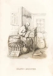 Das Skelett des Todes und sein Hauptbuch (1827, Gravur)