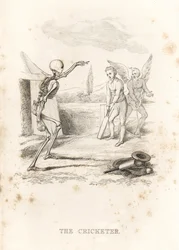 Das Skelett des Todes wirft einen Ball auf einen Kricketspieler (1827, Gravur)