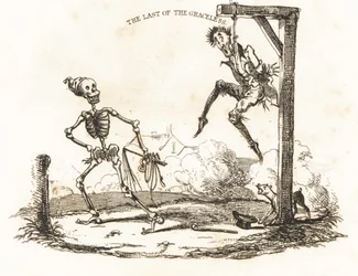 Vignette eines Skeletts und eines Mannes, der an einem Galgen hängt, 1827