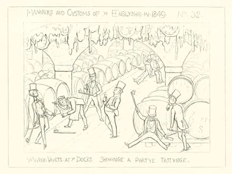 1849, Die Weinkeller an den Docks, die eine Verkostungsparty zeigen