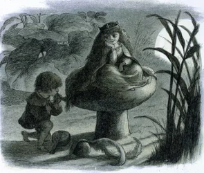 Eine Wasserfee sitzt auf einem Pilz und wird von einem Verehrer umworben. In "Monde des fees" von Richard Doyle