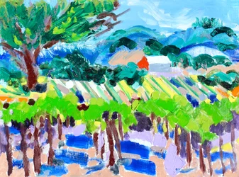 Weinberg mit roter Scheune