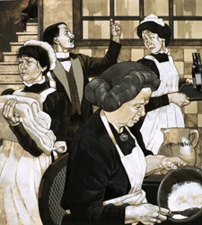 Unten bereitet eine große Armee von Dienern die Ankunft der Gäste vor