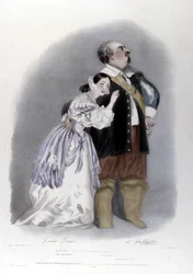 Giulia Grisi und Luigi Lablache im dritten Akt von „Die Puritaner“ (I puritani) von Vincenzo Bellini. Lithografie von R. J. Lane. 1835