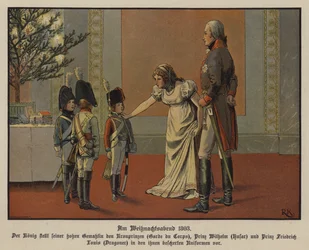 König Friedrich Wilhelm III. und Königin Louise von Preußen mit Kronprinz Friedrich Wilhelm, Prinz Wilhelm und Prinz Friedrich Louis in Militäruniformen, Heiligabend