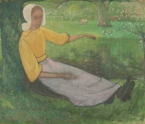 Frau von Huizen, die unter einem Baum sitzt
