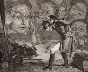 Jonathan Swifts Gulliver-Reisen. Gulliver wird auf einem Tisch zur Bewunderung der Bewohner von Brobdingnag ausgestellt. Redgrave-Gravur