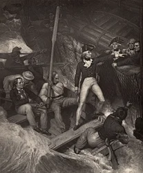 Leutnant Nelson meldet sich freiwillig, um einen Preis bei heftigem Sturm zu entern, Illustration aus 