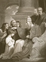 Prinz Alfred vor Papst Leo III., graviert von J. Stow, Illustration aus David Humes 