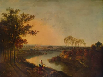 Ein englischer Fluss bei Sonnenuntergang, in der Ferne die walisischen Hügel, ca. 1760, 1938